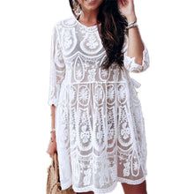 Bkning Embroidery Coverups for Women Tunic Beach Cover Up Dress Solid Blouse Beachwear Lace Sleeve Wrap Dresses Sarongs White