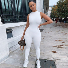 Hugcitar 2020 sleeveless bodycon jumpsuit summer women fashion stretchy outfits white black solid body romper