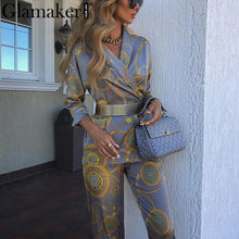 Glamaker Floral print v neck jumpsuit romper Women satin belt long sleeve elegant jumpsuit Female two piece party sexy jumpsuit