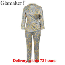Glamaker Floral print v neck jumpsuit romper Women satin belt long sleeve elegant jumpsuit Female two piece party sexy jumpsuit