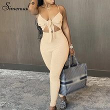 Simenual Bow Tie Skinny Strap Rompers Womens Jumpsuit Sexy Party Bodycon Solid Clubwear V Neck Hollow Out Jumpsuits Fashion 2020