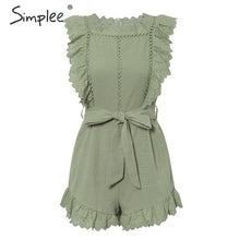 Simplee Elegant ruffle sleeveless women playsuit Hollow out sashes female jumpsuit romper Holiday summer cotton ladies overalls