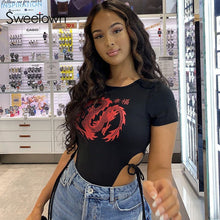 Sweetown Side Lace Up Slim Sexy Black Bodysuit Women Street Outfits Dragon Pattern Short sleeve Bodycon Body Mujer Short Rompers