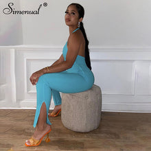 Simenual Halter Solid Fitness Workout Women Jumpsuits Side Slit Bodycon Casual Sleeveless Overalls Sporty One Piece Jumpsuit New