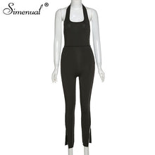 Simenual Halter Solid Fitness Workout Women Jumpsuits Side Slit Bodycon Casual Sleeveless Overalls Sporty One Piece Jumpsuit New