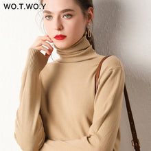 WOTWOY Autumn Winter Basic Knitted Turleneck Sweater Women Slim Fit Long Sleeve Cashmere Sweaters Women White Pink Pull Femme