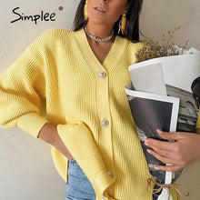 Simplee Casual v-neck short knitted sweaters women Autumn winter lantern sleeve button female cardigan Streetwear ladies sweater