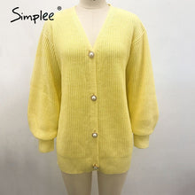 Simplee Casual v-neck short knitted sweaters women Autumn winter lantern sleeve button female cardigan Streetwear ladies sweater