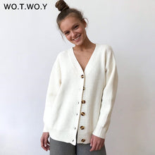 WOTWOY Single Breasted V-Neck Cotton Cardigan Women Casual Oversized Cropped Cardigans Feminino Botton Up Autumn Sweater Kimonos