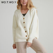 WOTWOY Single Breasted V-Neck Cotton Cardigan Women Casual Oversized Cropped Cardigans Feminino Botton Up Autumn Sweater Kimonos