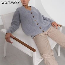 WOTWOY Single Breasted V-Neck Cotton Cardigan Women Casual Oversized Cropped Cardigans Feminino Botton Up Autumn Sweater Kimonos