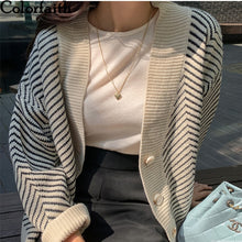 Colorfaith 2020 Women's Knitwear Autumn Winter  Striped Casual V-Neck Cardigans Button Cardigan Loose Korean Sweaters SWC3033