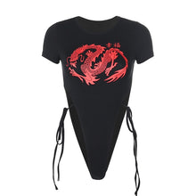 Sweetown Side Lace Up Slim Sexy Black Bodysuit Women Street Outfits Dragon Pattern Short sleeve Bodycon Body Mujer Short Rompers