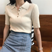 Korean 2020 Women Elegant And Casual Polo Plunge Neck Short Sleeve Knitted Shirt Crop Top