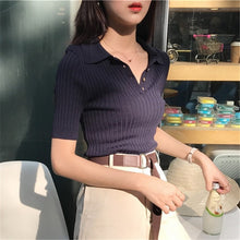 Korean 2020 Women Elegant And Casual Polo Plunge Neck Short Sleeve Knitted Shirt Crop Top