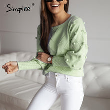 Simplee Elegant fur pompon sweater Autumn winter lantern sleeve knitted sweater female Streetwear ladies green pullover 2020