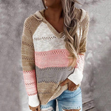 Laamei Sweater Women Color Patchwork Sweater  Hollow out V-neck Pullovers Ladies Womens Hooded Sweater Knit Hoodies