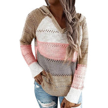 Laamei Sweater Women Color Patchwork Sweater  Hollow out V-neck Pullovers Ladies Womens Hooded Sweater Knit Hoodies