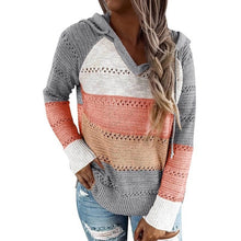 Laamei Sweater Women Color Patchwork Sweater  Hollow out V-neck Pullovers Ladies Womens Hooded Sweater Knit Hoodies