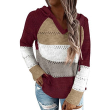Laamei Sweater Women Color Patchwork Sweater  Hollow out V-neck Pullovers Ladies Womens Hooded Sweater Knit Hoodies