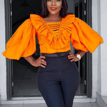 Women Blouse Big Lantern Sleeve V Neck Ruffles Hollow Out Elegant Office Ladies Classy Orange Fashion Tops Shirt Bluas Plus Size
