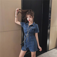 2020 Denim Blue Jumpsuit Women Short Sleeve Turn Down Collar Zipper Playsuits Shorts Jeans Rompers with Belt Streetwear Playsuit