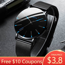 Men's Fashion Ultra Thin Watches Simple Men Business Stainless Steel Mesh Belt Quartz Watch Leather Strap Gift for Boyfriend