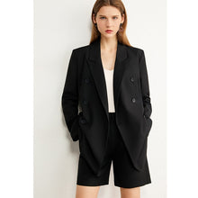 AMII Minimalism Autumn Causal Women Set Solid Lapel Double Breasted Office Coat High Waist Loose Shorts Female Suit 12060012